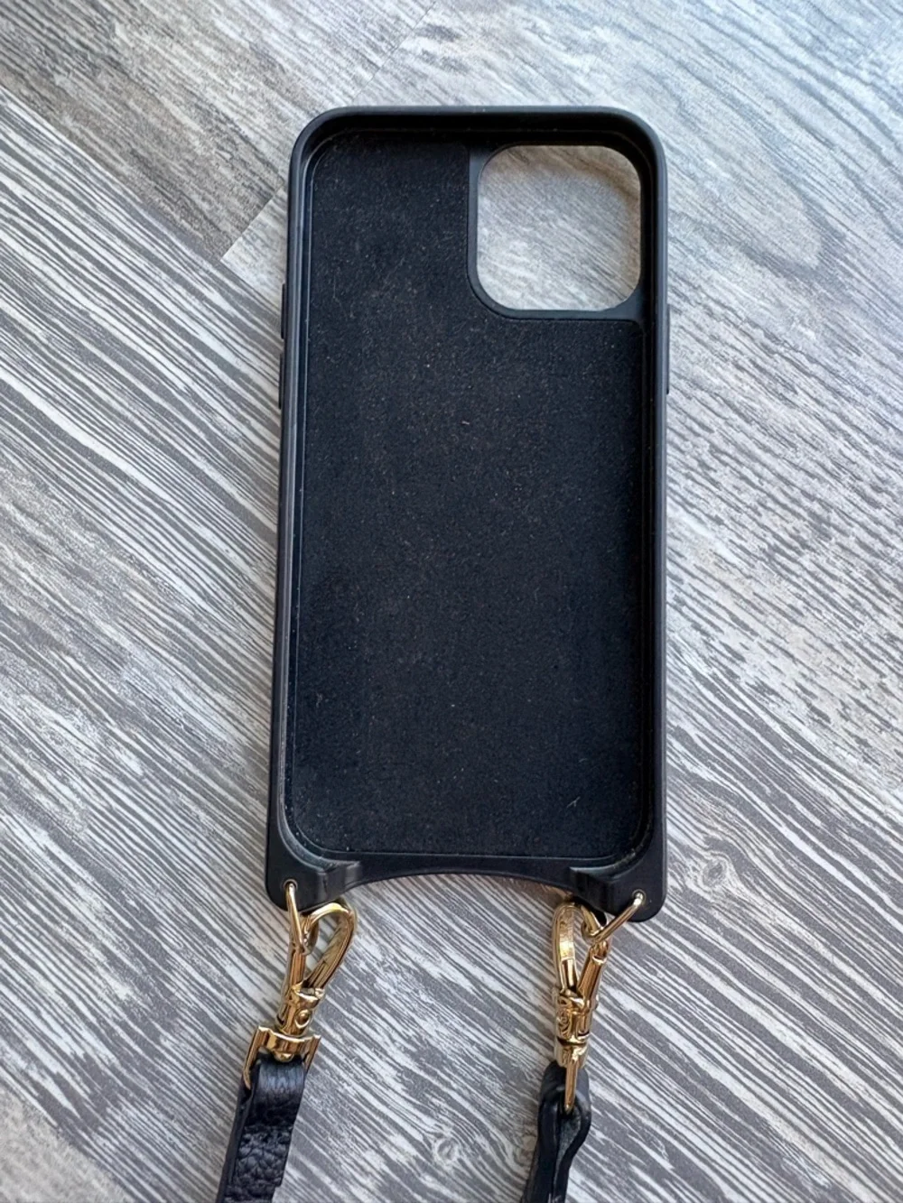 Bandolier Black Leather Crossbody Phone Case with Gold Accents for iPhone 12
